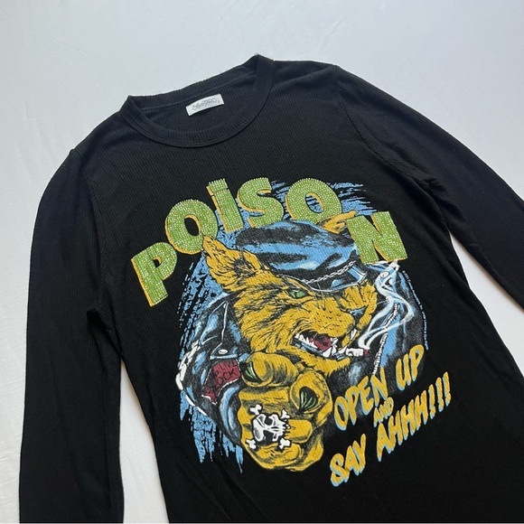 LAUREN MOSHI black rib knit crew neck graphic glitter long sleeve shirt top - Picture 3 of 7